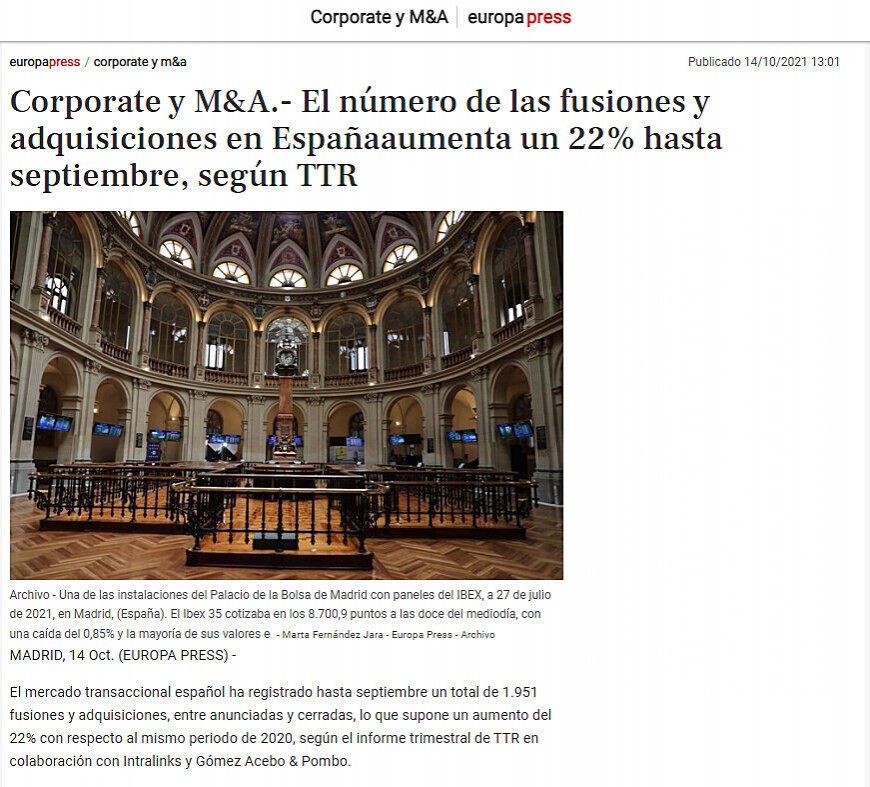 Corporate y M&A.- El nmero de las fusiones y adquisiciones en Espaa aumenta un 22% hasta septiembre, segn TTR